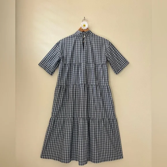 Everlane tiered mock neck dress in ice blue plaid. - Picture 5 of 6